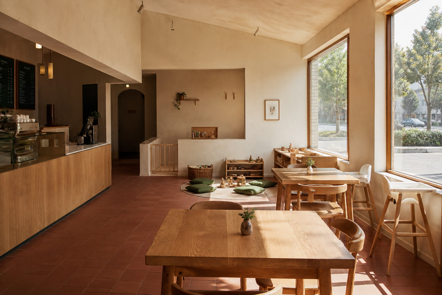 Sala del play café: mesas de roble, rincón de juegos con cojines verde bosque y barra de terraza