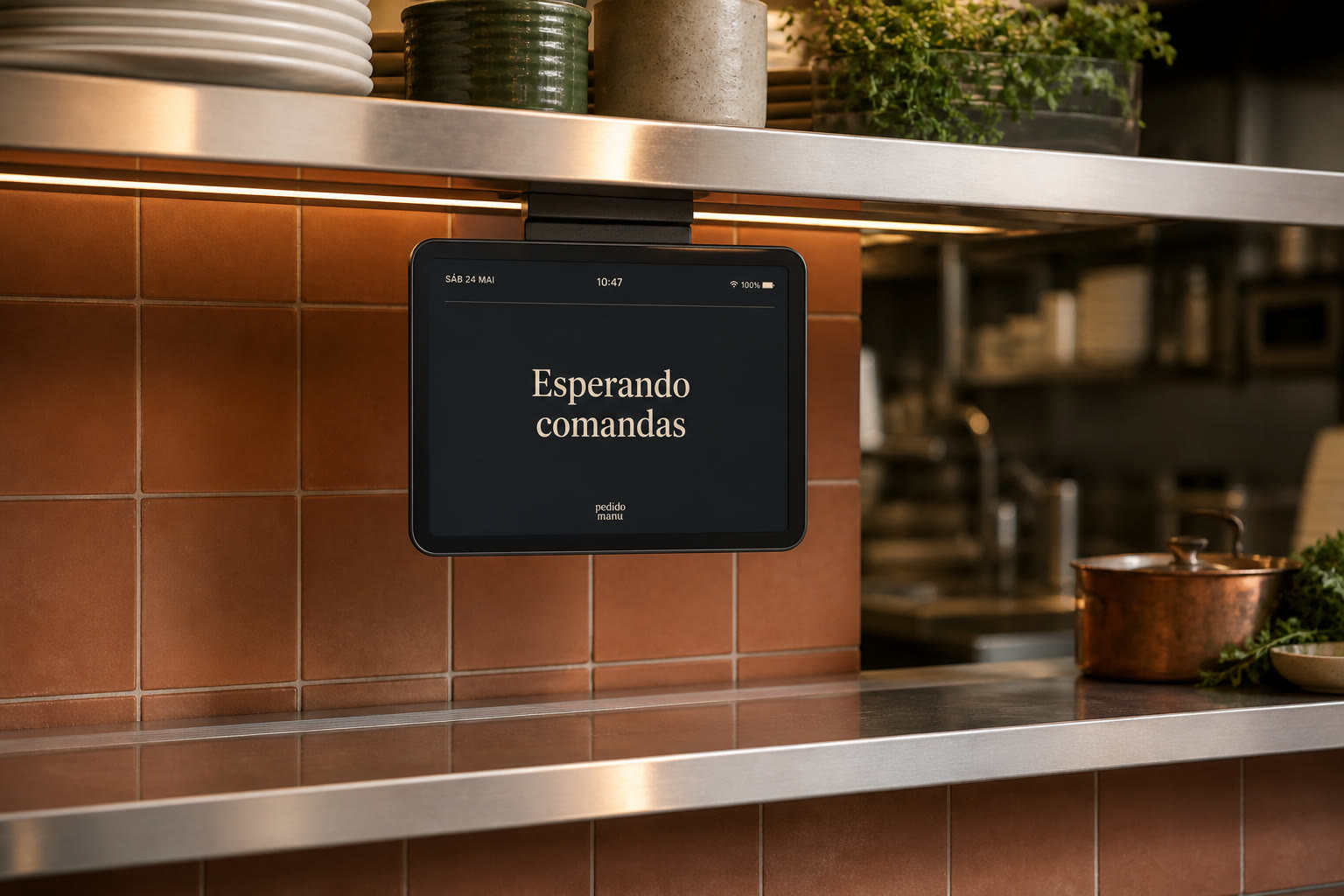 Tablet de cocina montada en el pase, pantalla oscura con el texto Esperando comandas