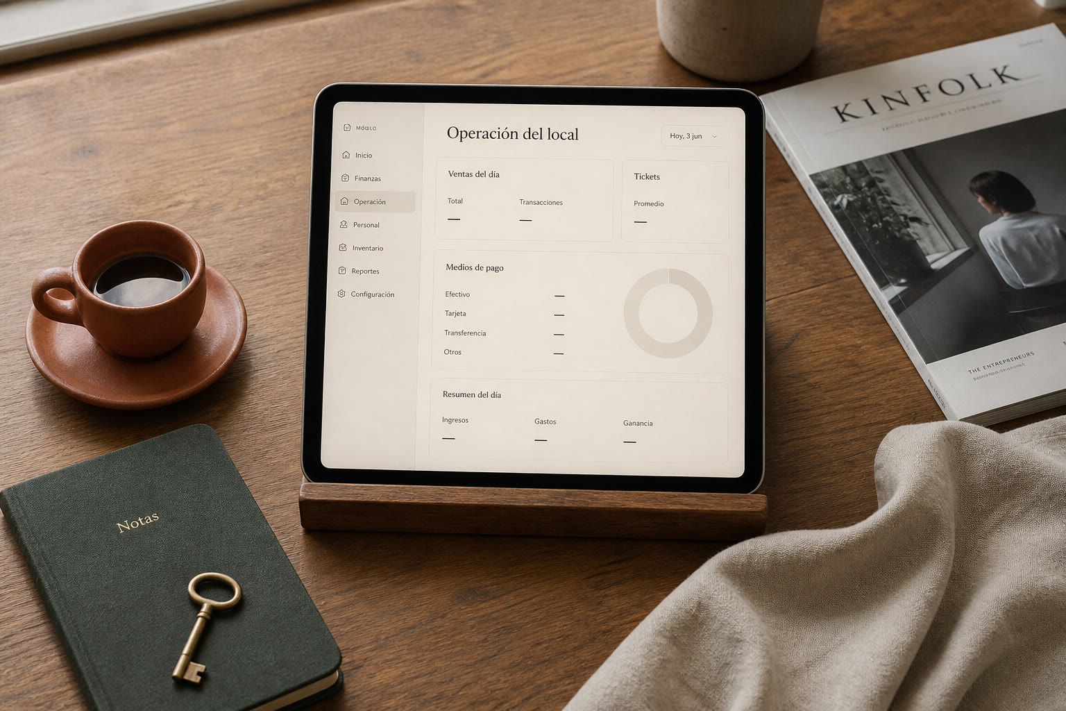 Escritorio de back-office con tablet mostrando Operación del local y cifras en raya