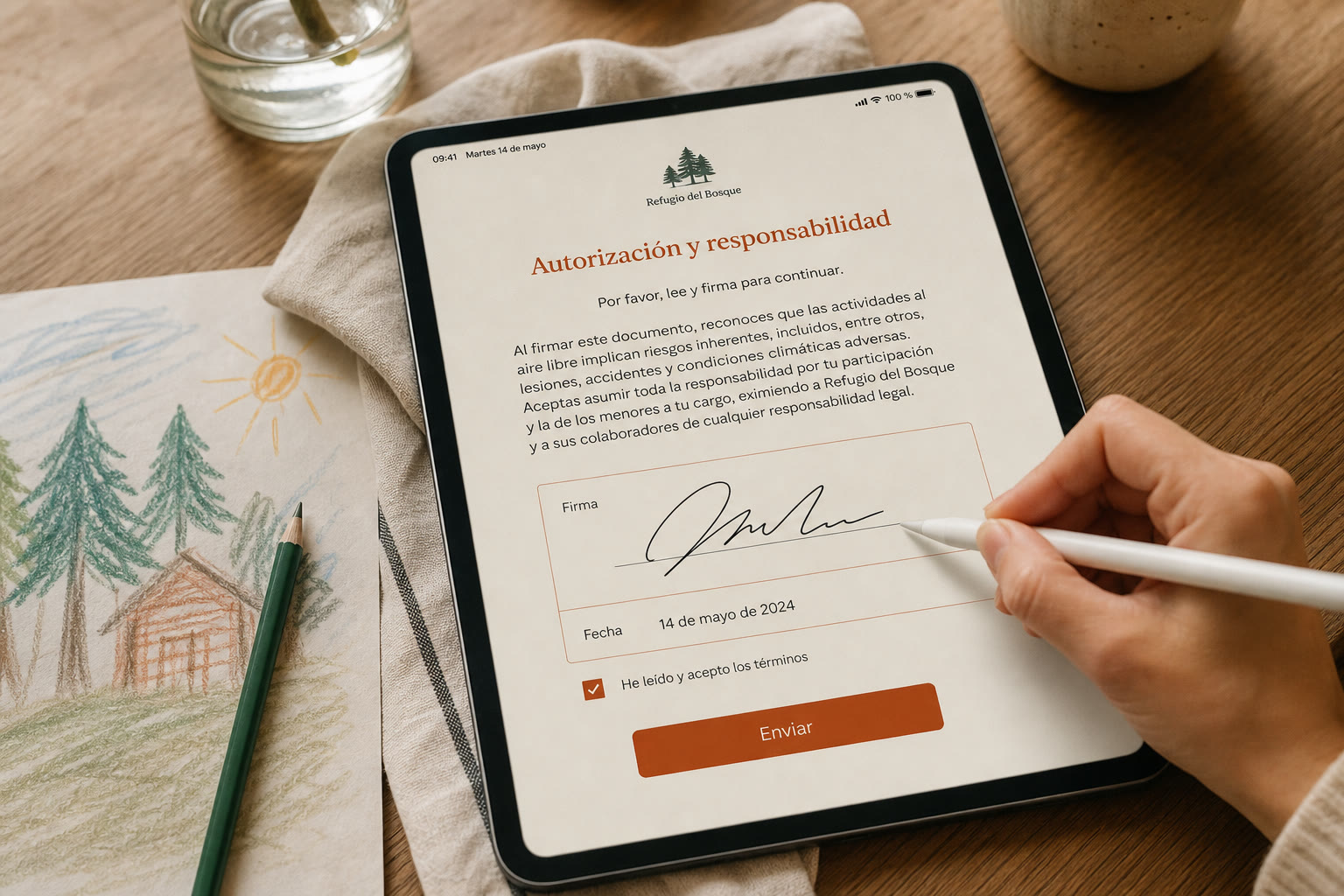 Tablet en el mesón con autorización de responsabilidad y un lápiz verde bosque